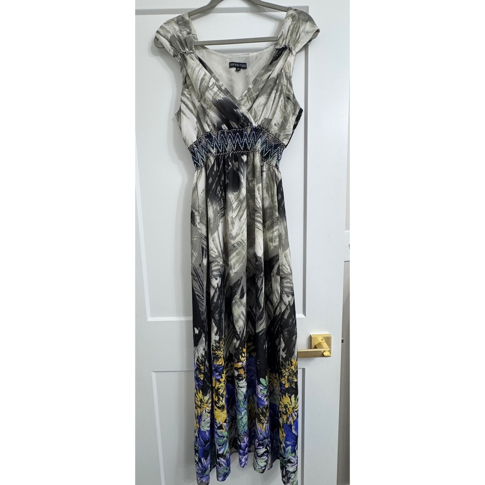 Sienna Rose Womens Abstract Floral Smocked Empire Waist Maxi Dress Grey Purple M